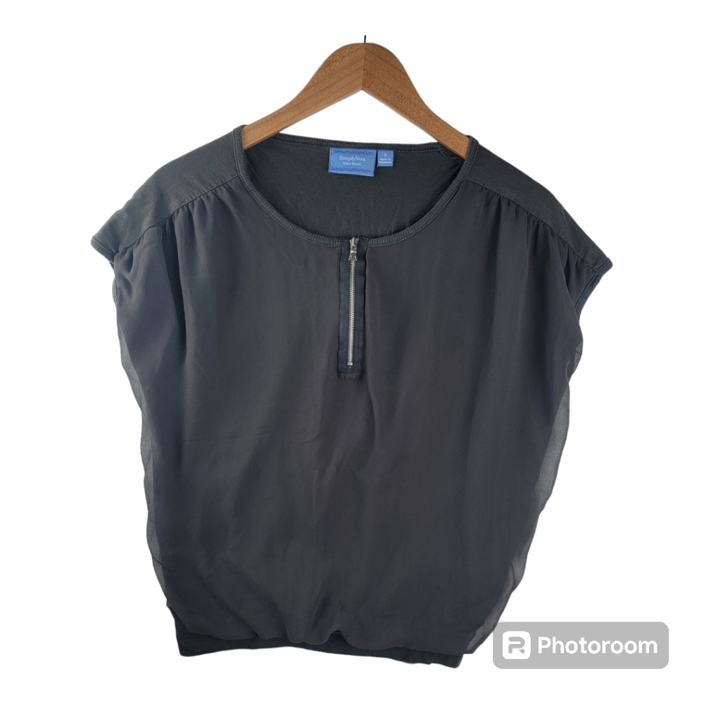 Simply Vera Wang Womens Cap Sleeve Top Small Gray Blouse Sheer Front Overlay